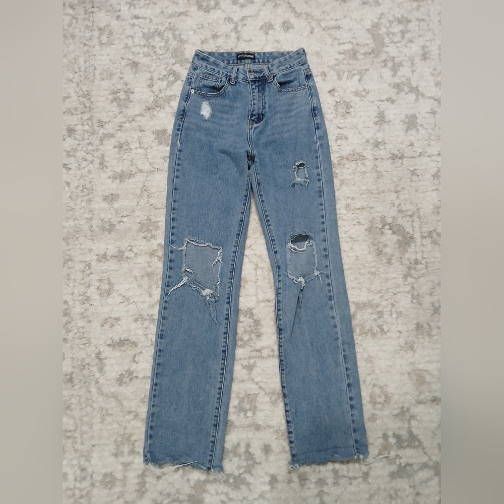 Pretty Little Thing Womens Distressed Blue Denim Baggy Jean ~ Uk Size 4